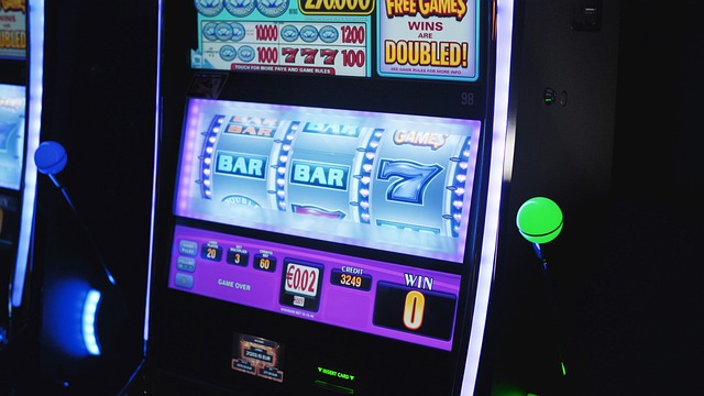 Brutalist casino online slot wall with dramatic red and cobalt lighting